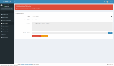 Ve.Net Cloud - podaci o certifikatu za fiskalizaciju.